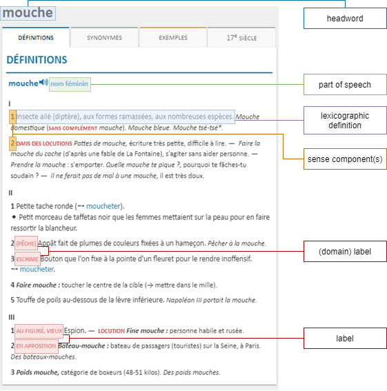 French lexicographic article. Retrieved from: Le Robert, https://dictionnaire.lerobert.com/definition/mouche (07/01/2022)
